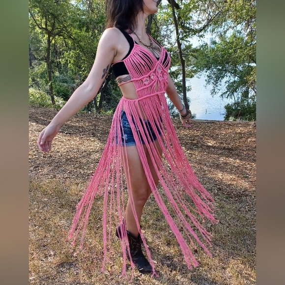 Handmade Macreme Boho Festival Fringe Dress Pink - Picture 3 of 5